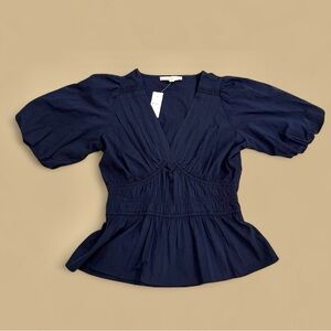 LOFT V-Neck Ruched Waist Bubble Sleeves Navy NWT Medium